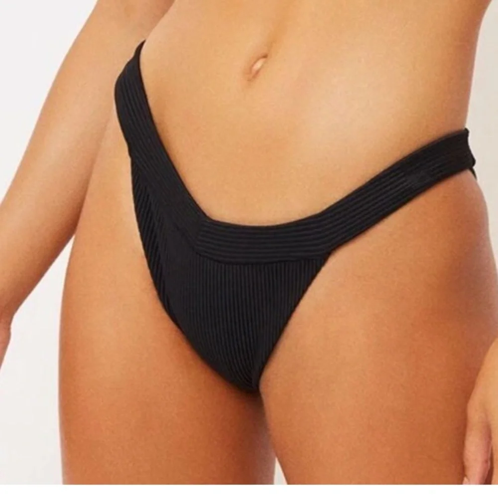 Frankies Bikinis Black Ribbed Bikini Bottom NWOT